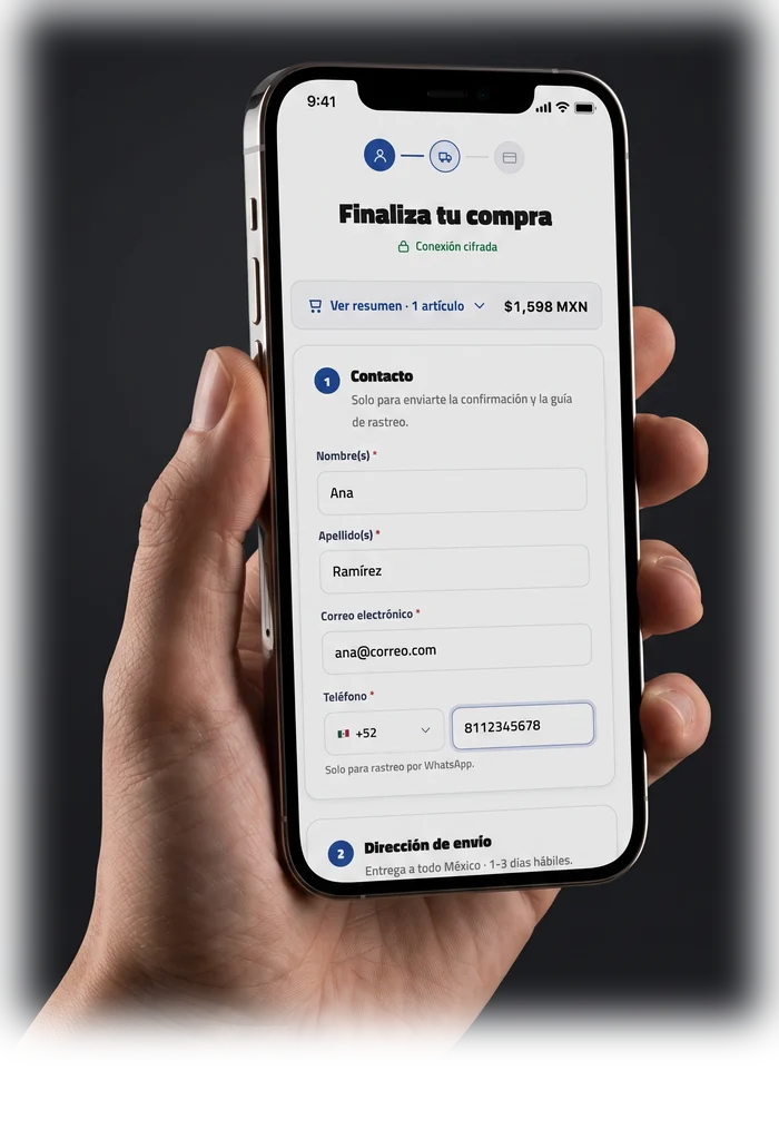 Pantalla del checkout de EXOMA en un teléfono: conexión cifrada, resumen del pedido y datos de contacto