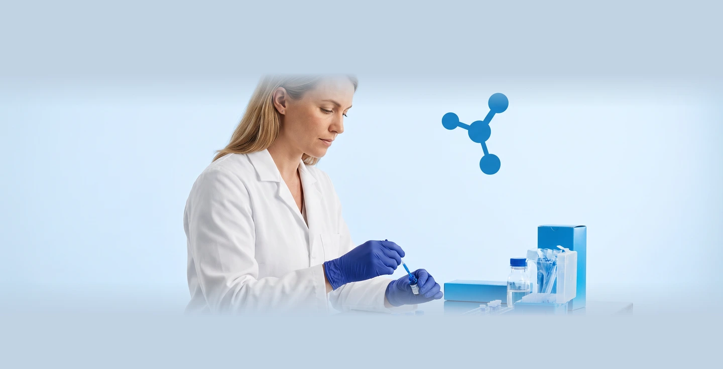 Investigadora reconstituyendo un vial de la línea hormonal de Exoma en laboratorio